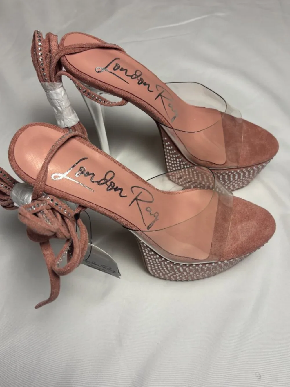 London Rag Pink Rhinestone Platform Clear Strap Stiletto Heels | Size US 7 NWT